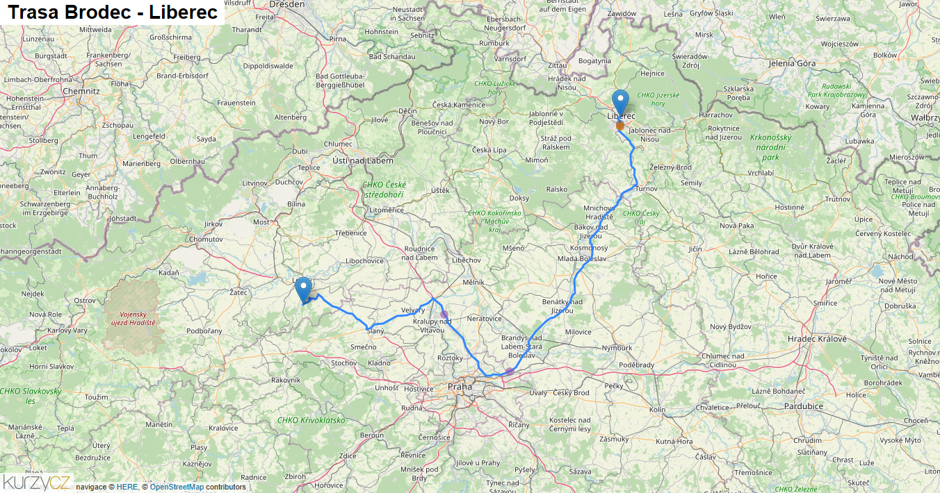 Brodec-Liberec, mapa trasy