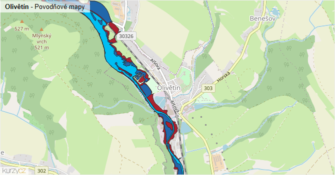 Olivětín - záplavové mapy stoleté vody