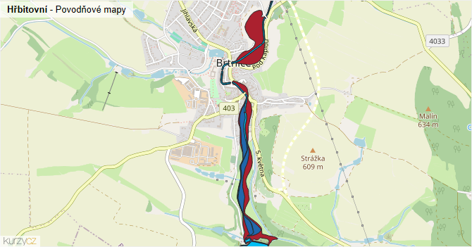 Hřbitovní - záplavové mapy stoleté vody