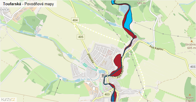 Toufarská - záplavové mapy stoleté vody