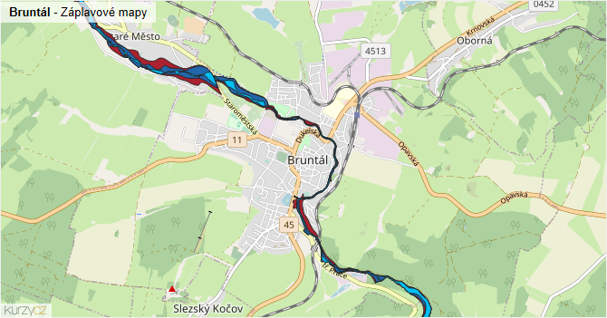 Bruntál - záplavové mapy stoleté vody