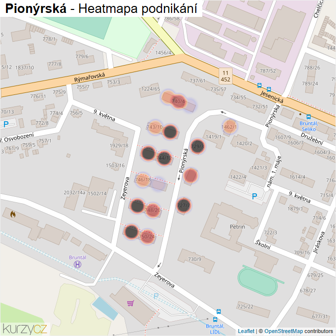 Mapa Pionýrská - Firmy v ulici.