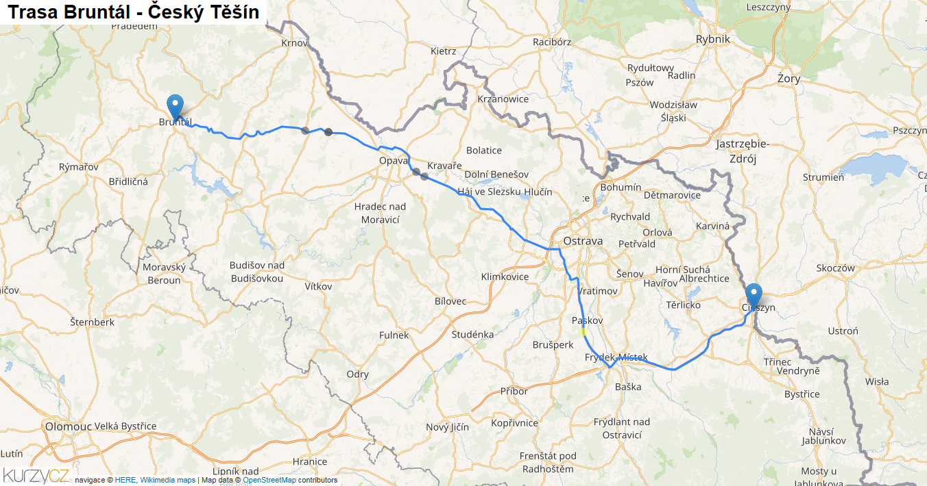Bruntál-Český Těšín, mapa trasy