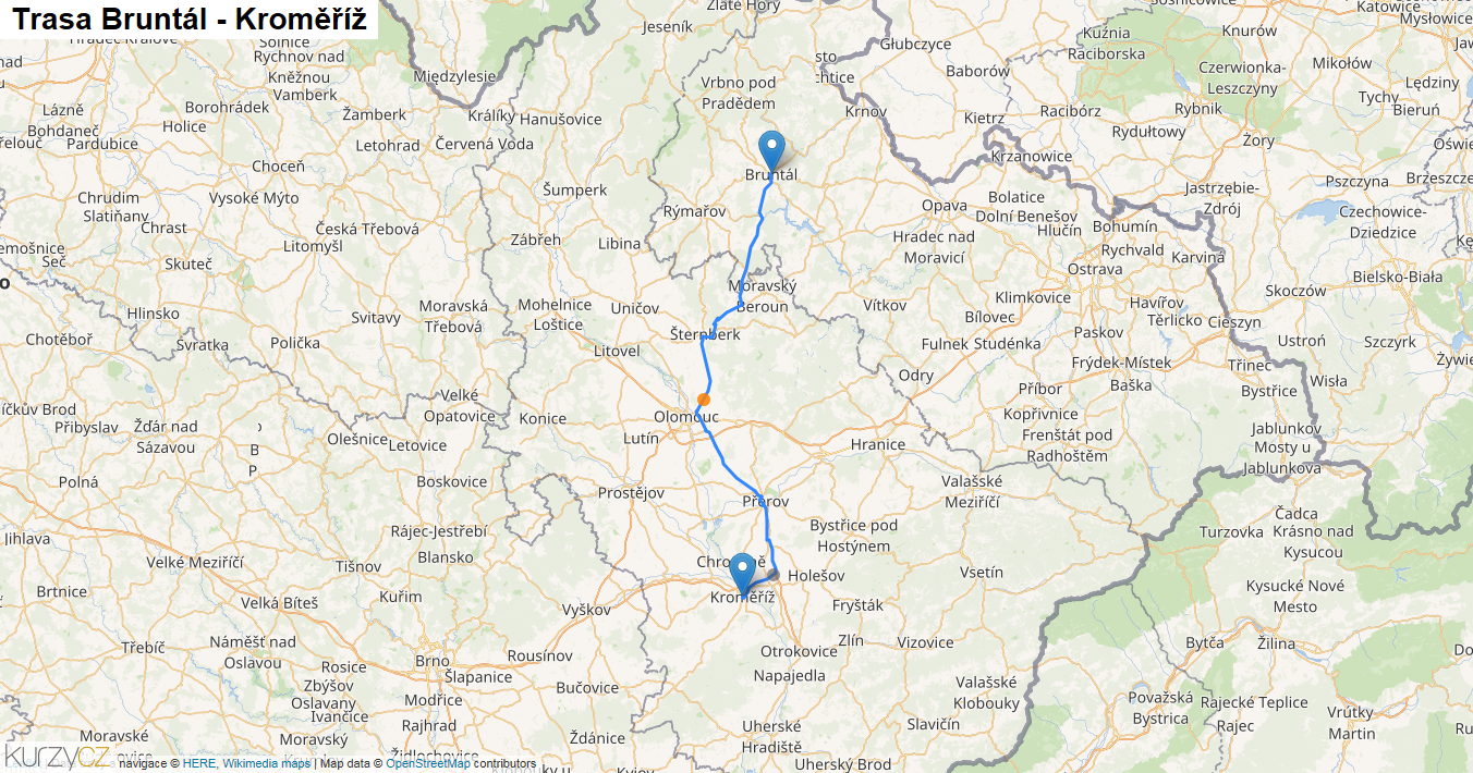 Bruntál-Kroměříž, mapa trasy