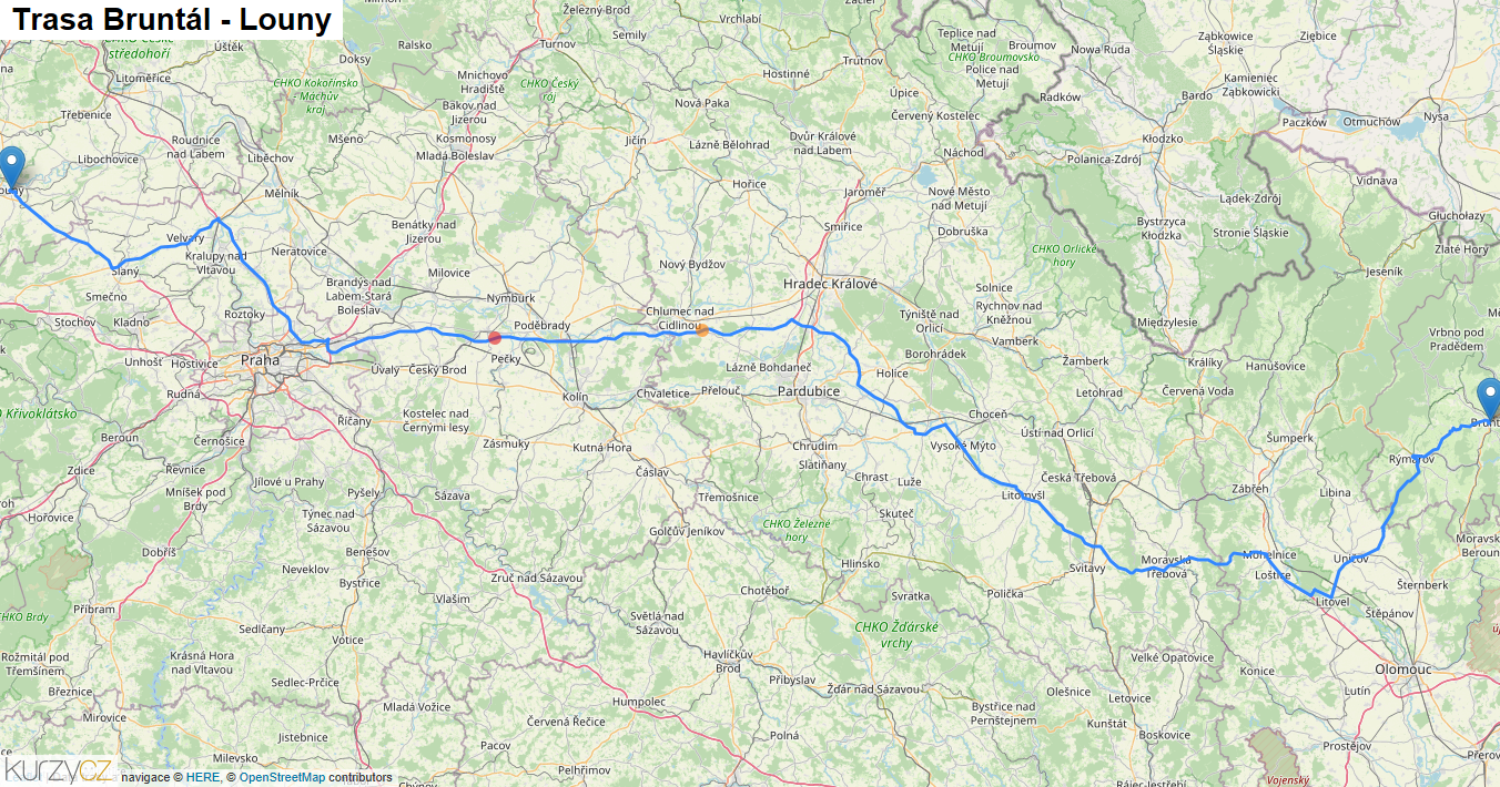 Bruntál-Louny, mapa trasy
