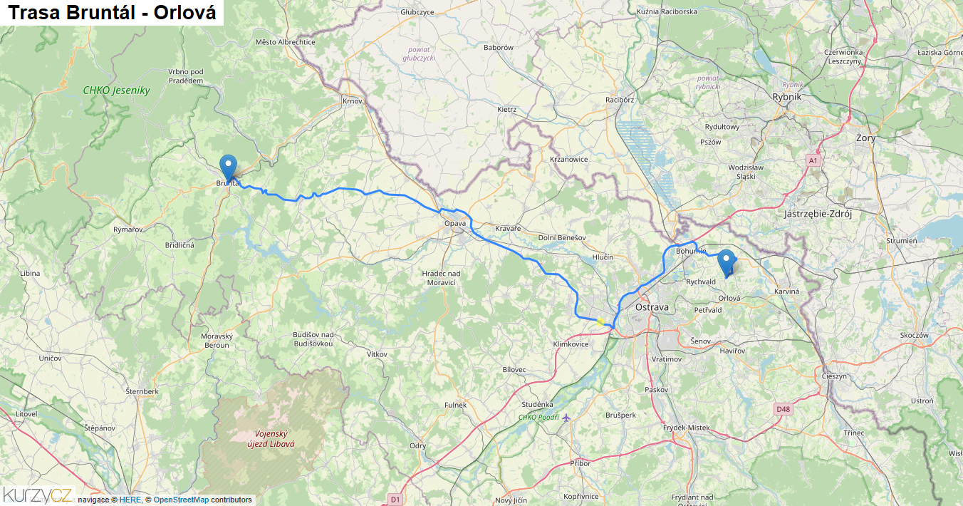 Bruntál-Orlová, mapa trasy