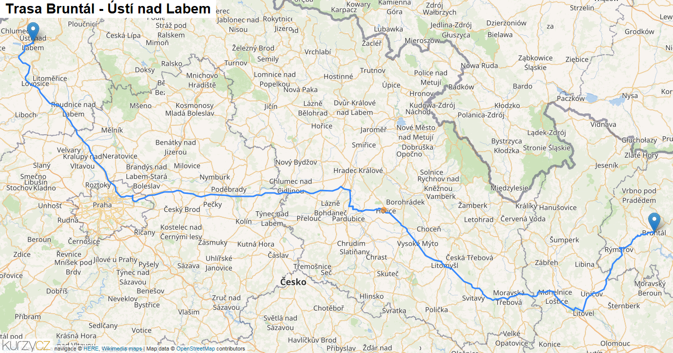Bruntál-Ústí nad Labem, mapa trasy