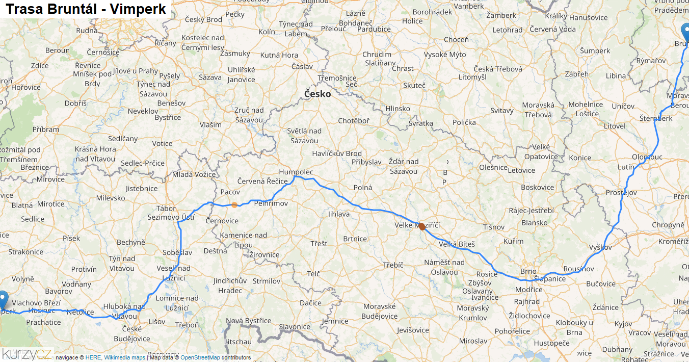 Bruntál-Vimperk, mapa trasy