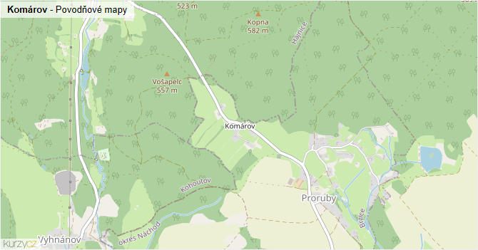 Komárov - záplavové mapy stoleté vody