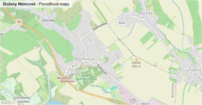 Boženy Němcové - záplavové mapy stoleté vody