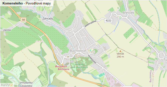 Komenského - záplavové mapy stoleté vody