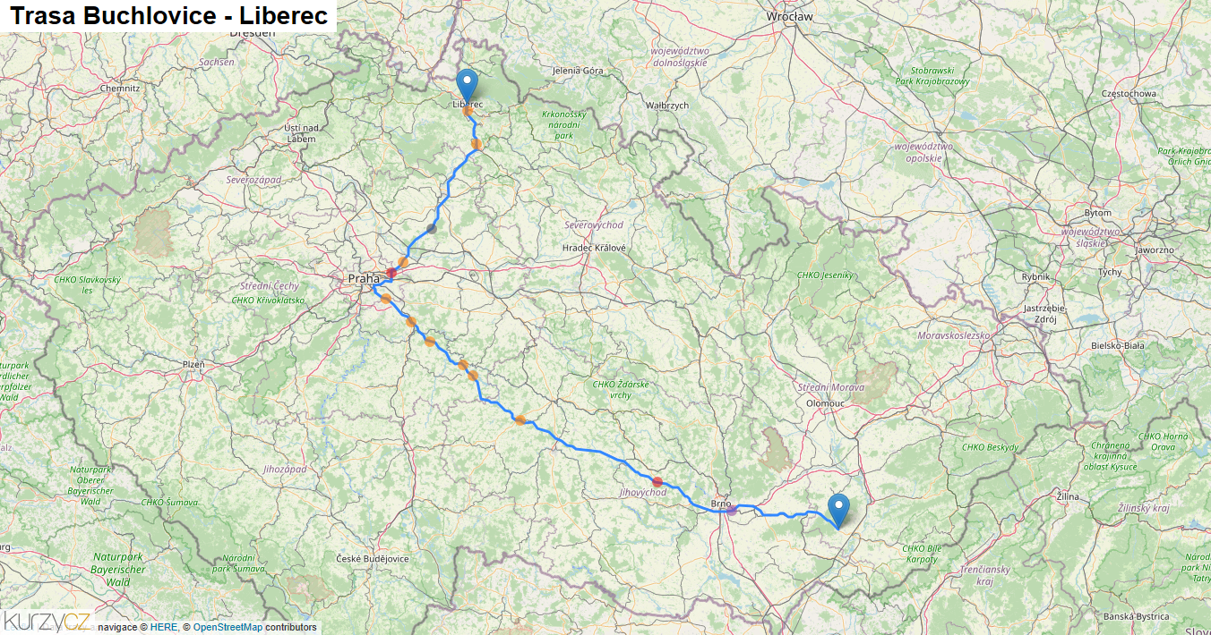 Buchlovice-Liberec, mapa trasy