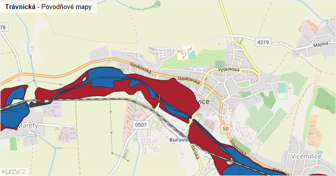 Trávnická - záplavové mapy stoleté vody