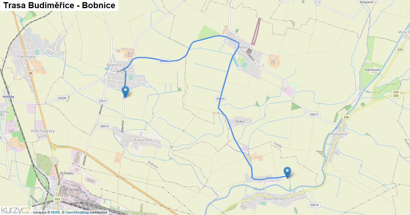 Budiměřice-Bobnice, mapa trasy
