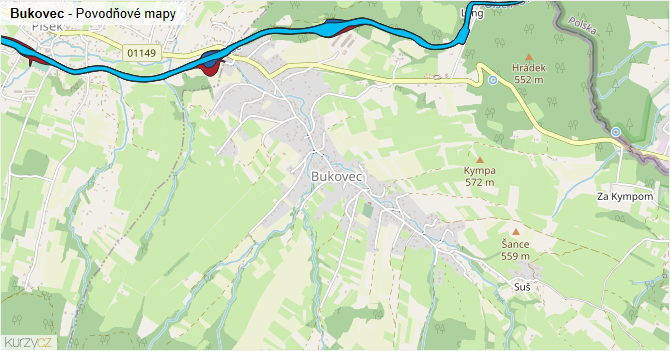 Bukovec - záplavové mapy stoleté vody