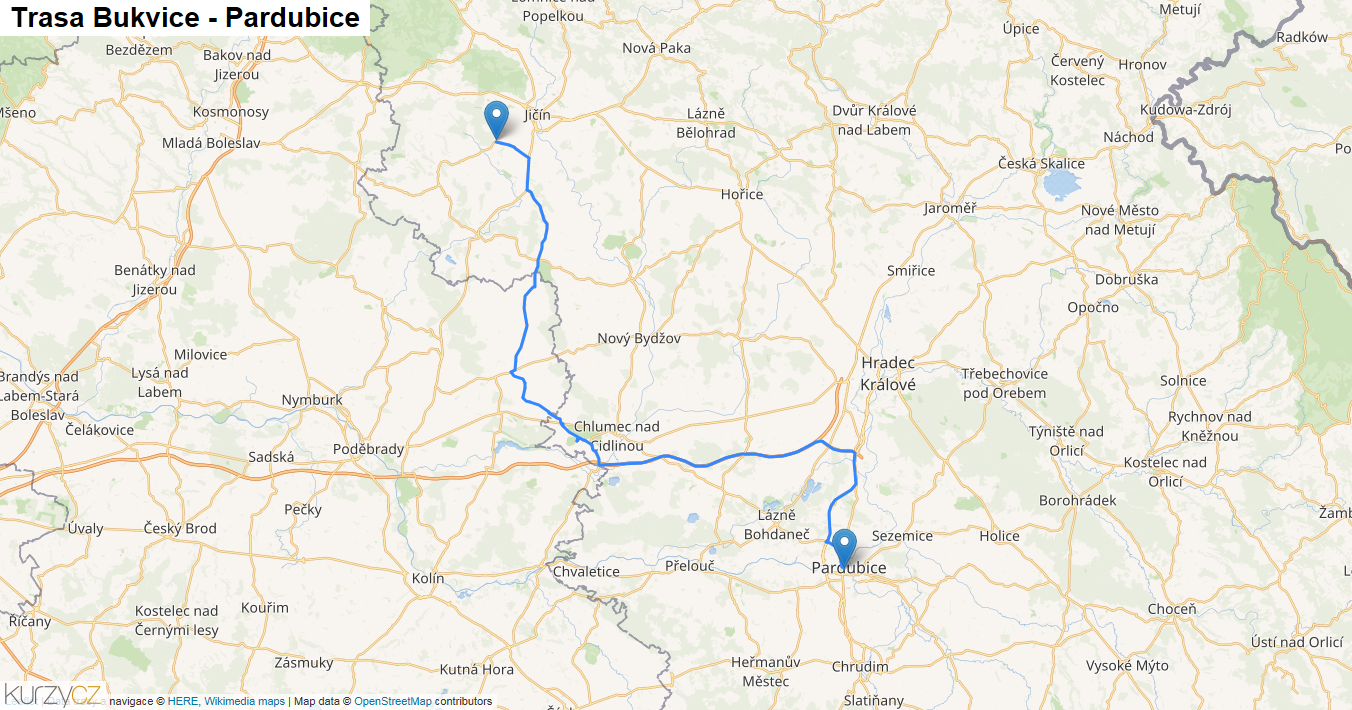 Bukvice-Pardubice, mapa trasy