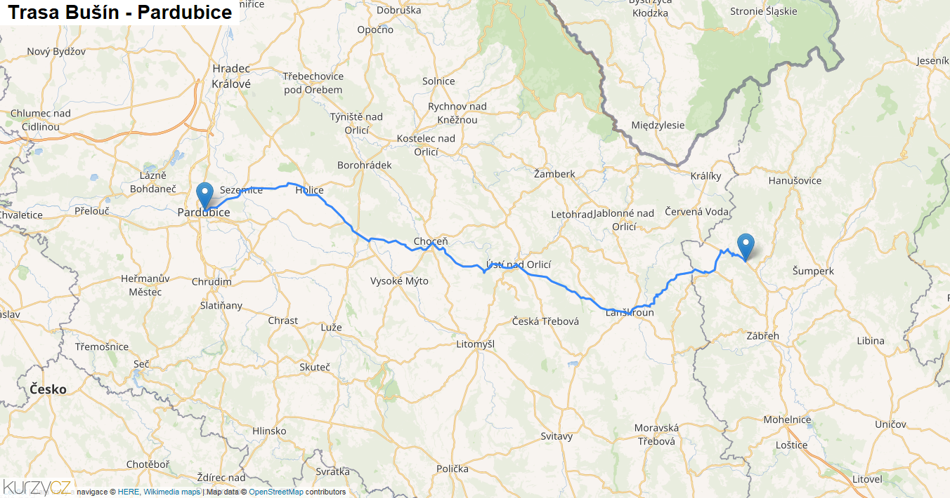 Bušín-Pardubice, mapa trasy