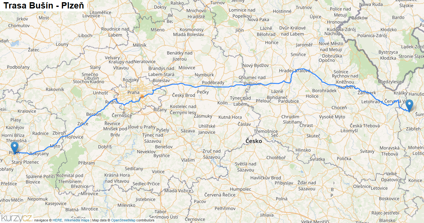 Bušín-Plzeň, mapa trasy