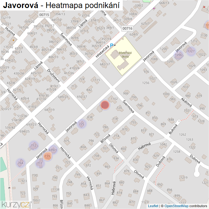 Mapa Javorová - Firmy v ulici.
