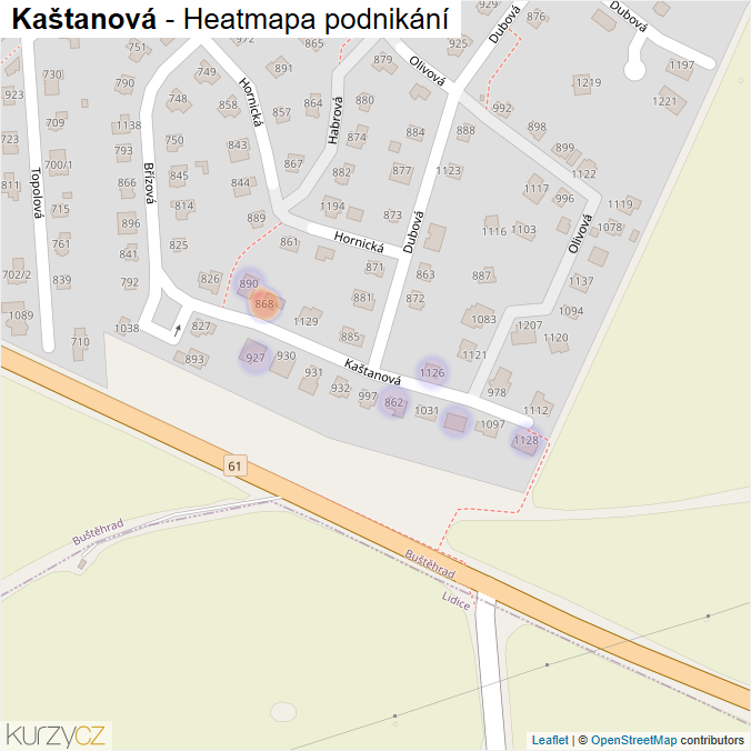 Mapa Kaštanová - Firmy v ulici.