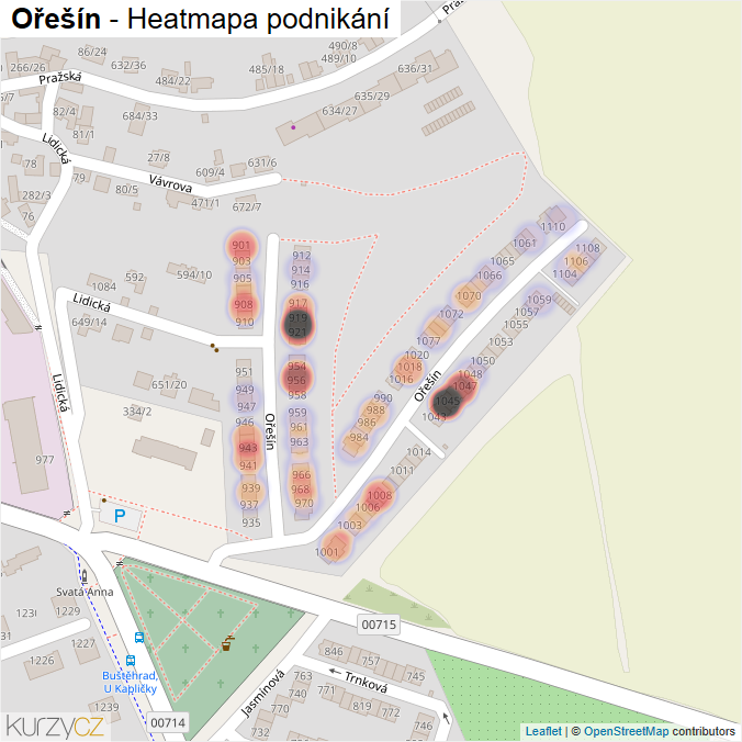 Mapa Ořešín - Firmy v ulici.
