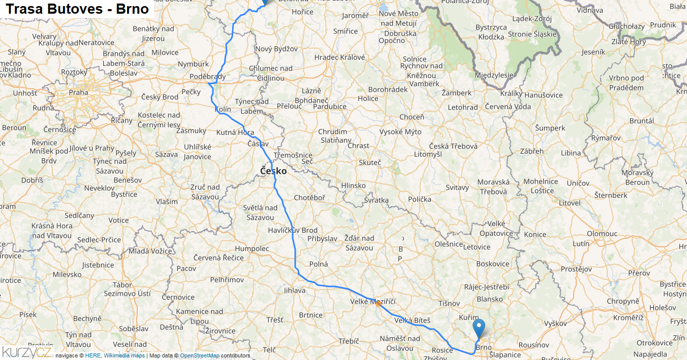 Butoves-Brno, mapa trasy