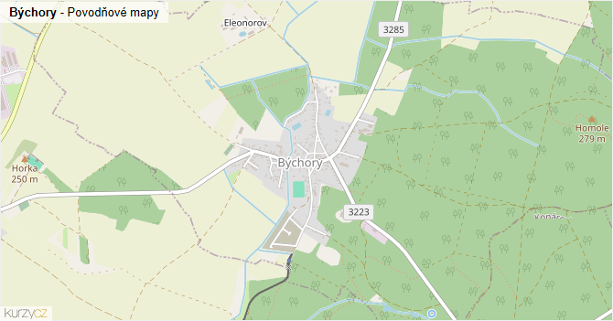 Býchory - záplavové mapy stoleté vody