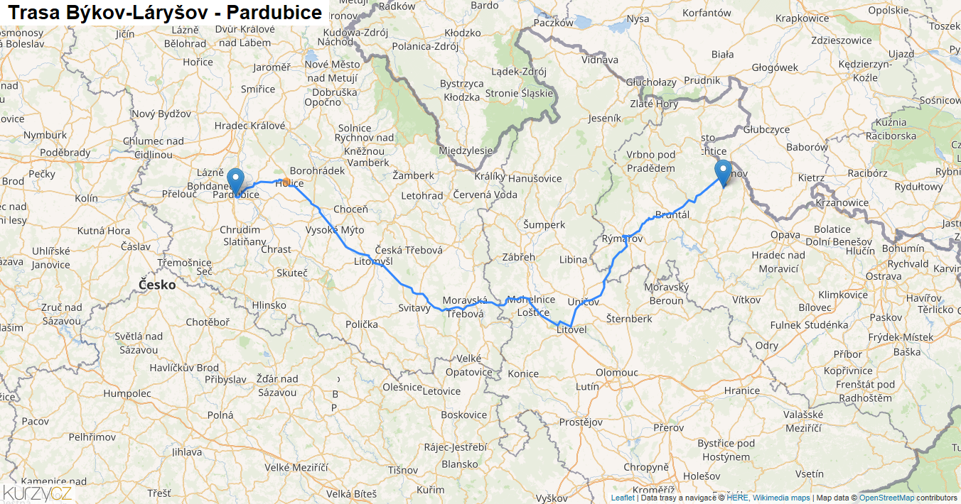 Býkov-Láryšov-Pardubice, mapa trasy