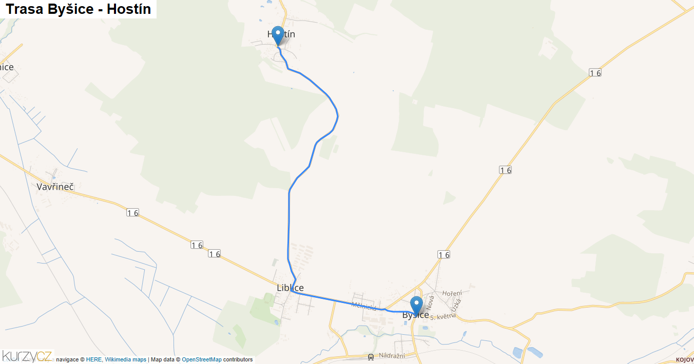 Byšice-Hostín, mapa trasy