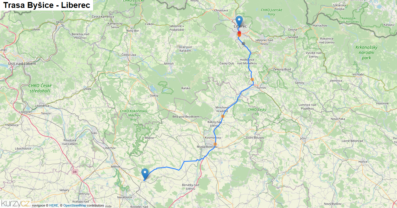 Byšice-Liberec, mapa trasy