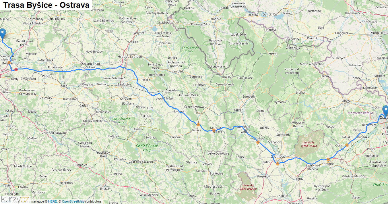 Byšice-Ostrava, mapa trasy