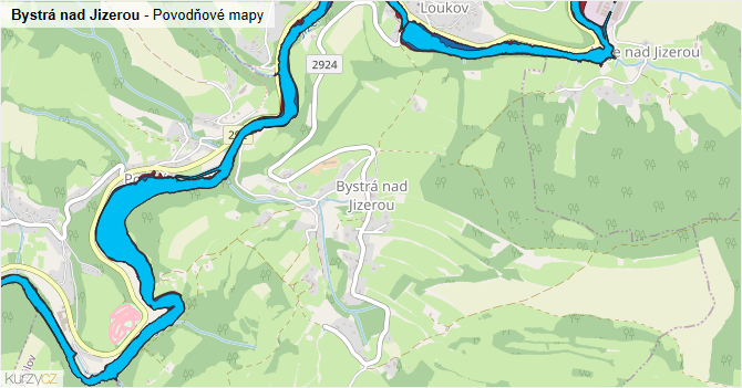 Bystrá nad Jizerou - záplavové mapy stoleté vody