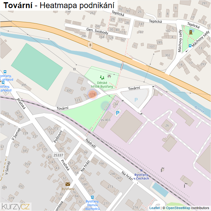 Mapa Tovární - Firmy v ulici.