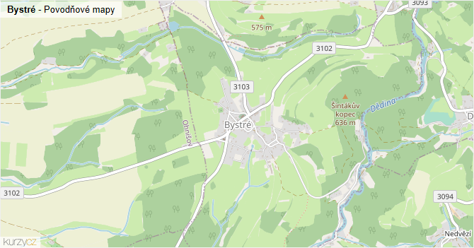 Bystré - záplavové mapy stoleté vody