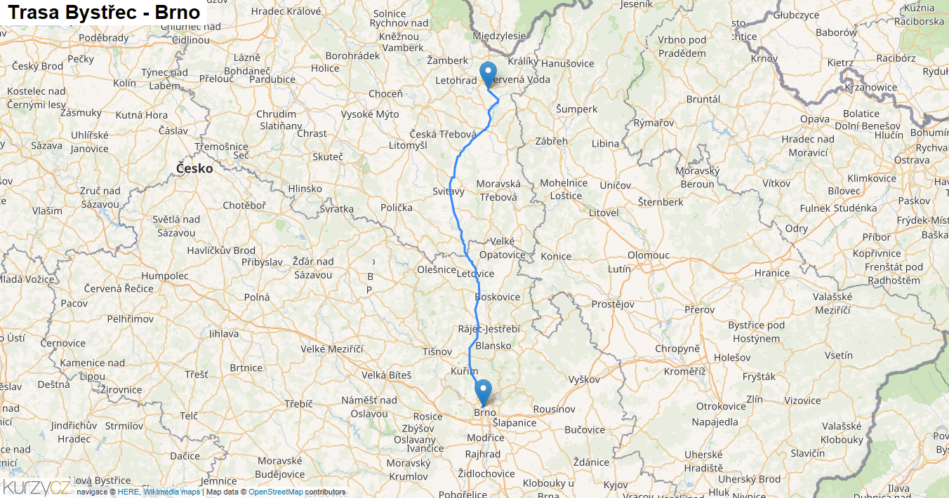 Bystřec-Brno, mapa trasy