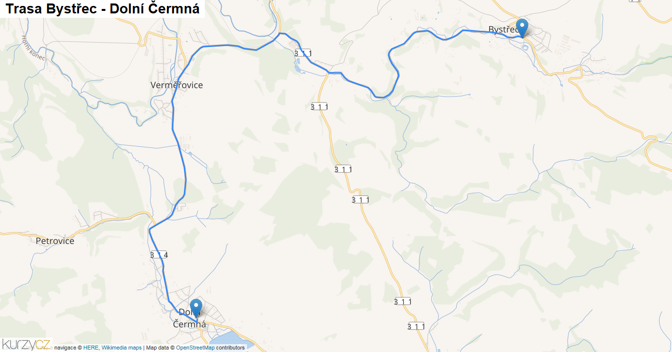 Bystřec-Dolní Čermná, mapa trasy
