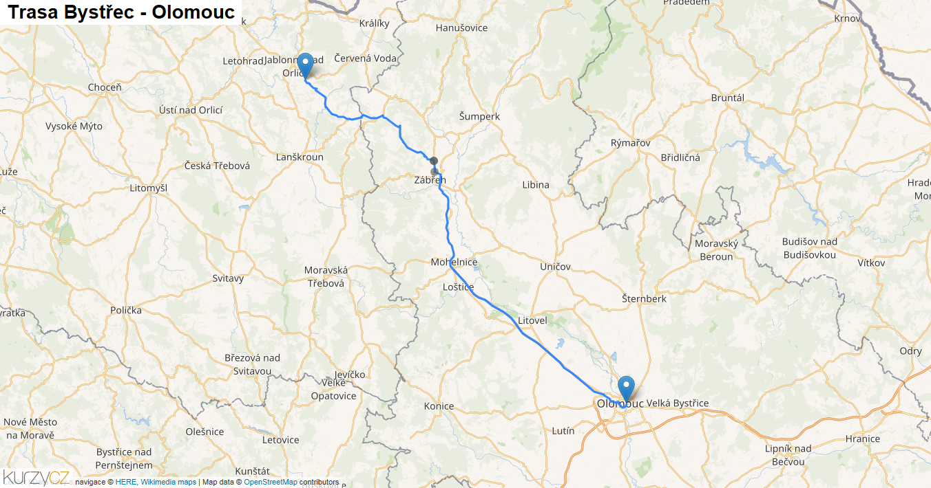Bystřec-Olomouc, mapa trasy