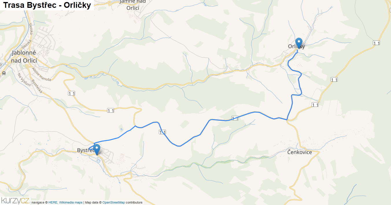 Bystřec-Orličky, mapa trasy