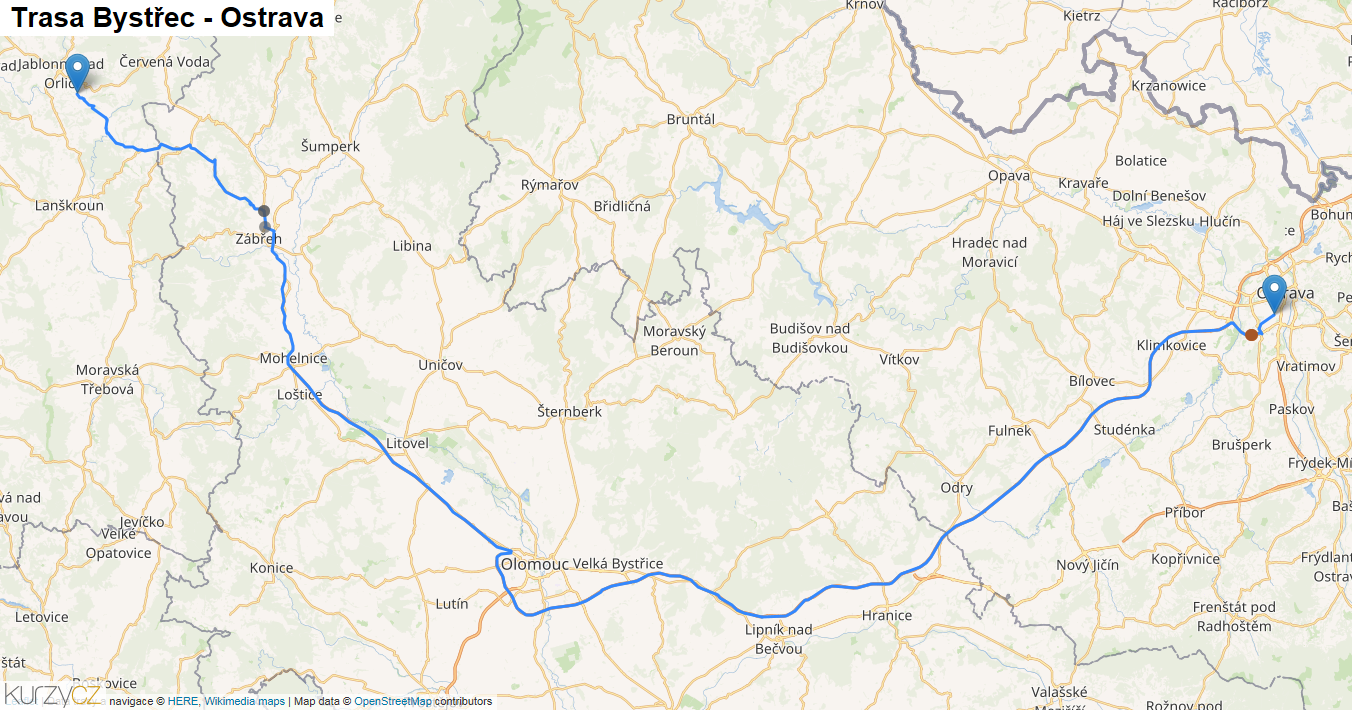 Bystřec-Ostrava, mapa trasy