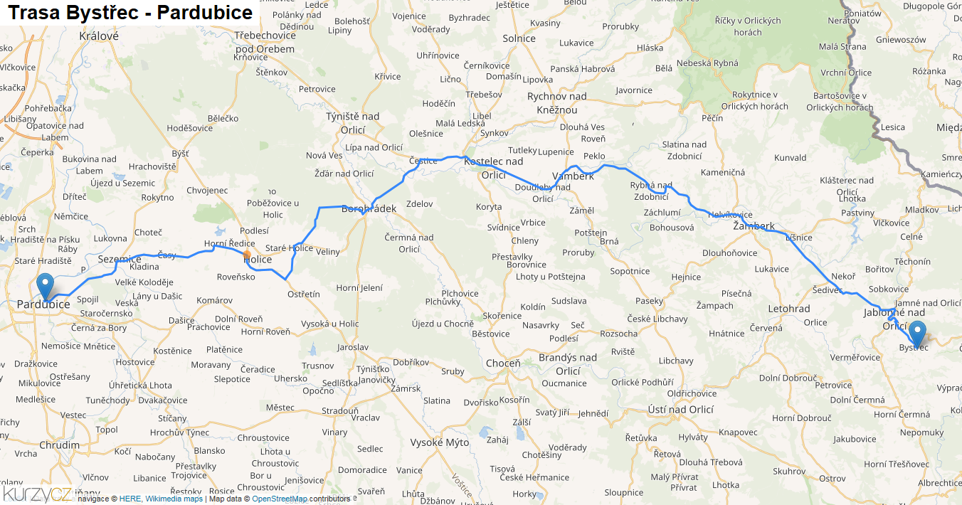 Bystřec-Pardubice, mapa trasy