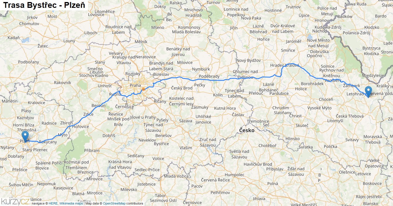 Bystřec-Plzeň, mapa trasy