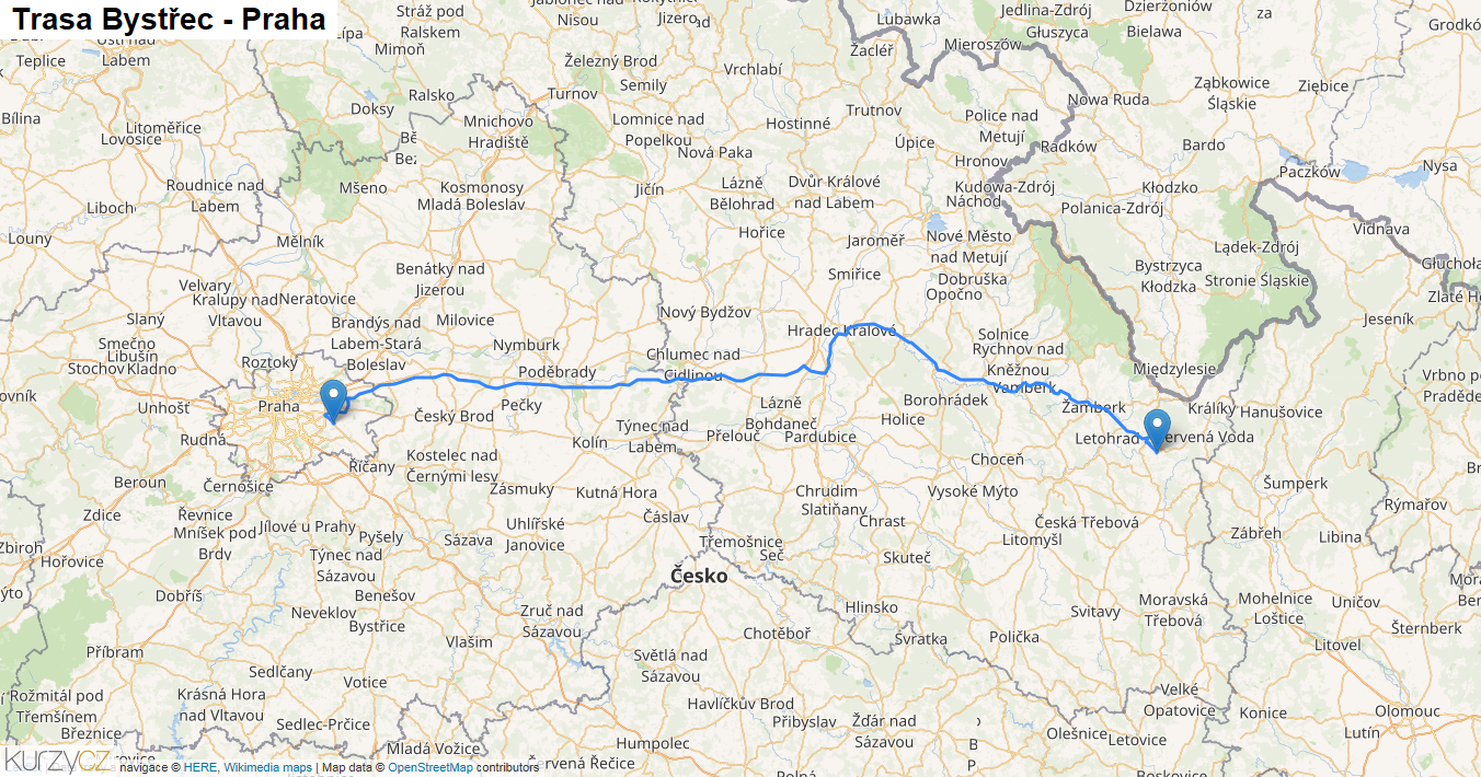 Bystřec-Praha, mapa trasy