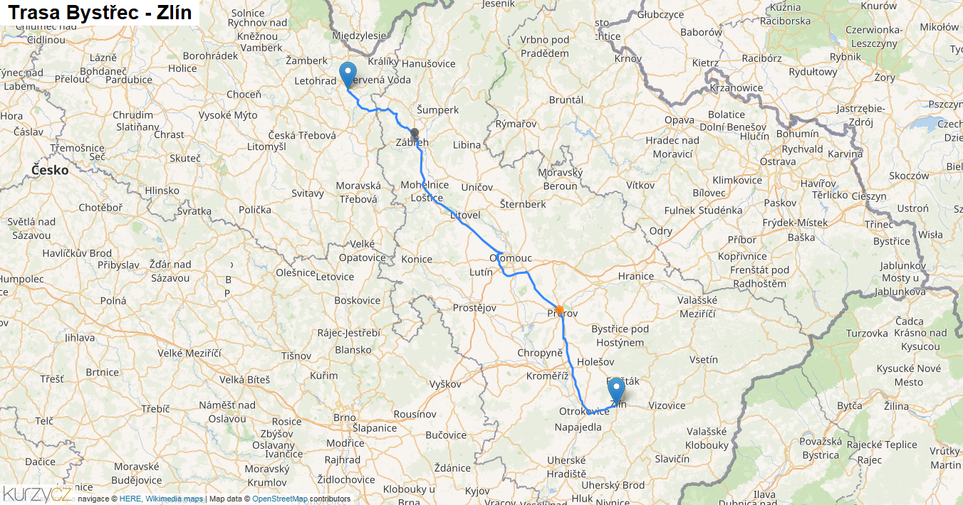 Bystřec-Zlín, mapa trasy