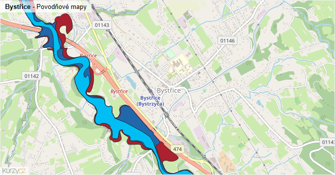 Bystřice - záplavové mapy stoleté vody