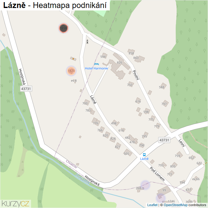 Mapa Lázně - Firmy v ulici.
