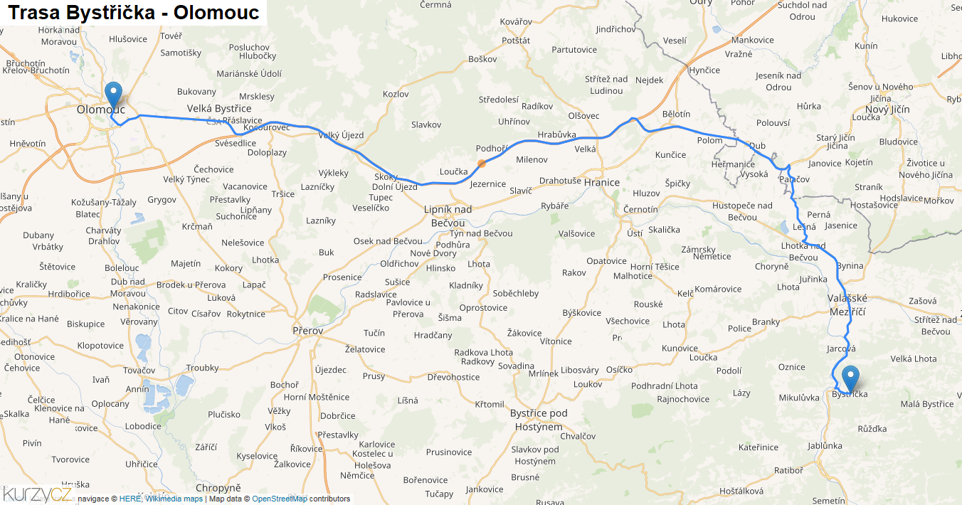 Bystřička-Olomouc, mapa trasy