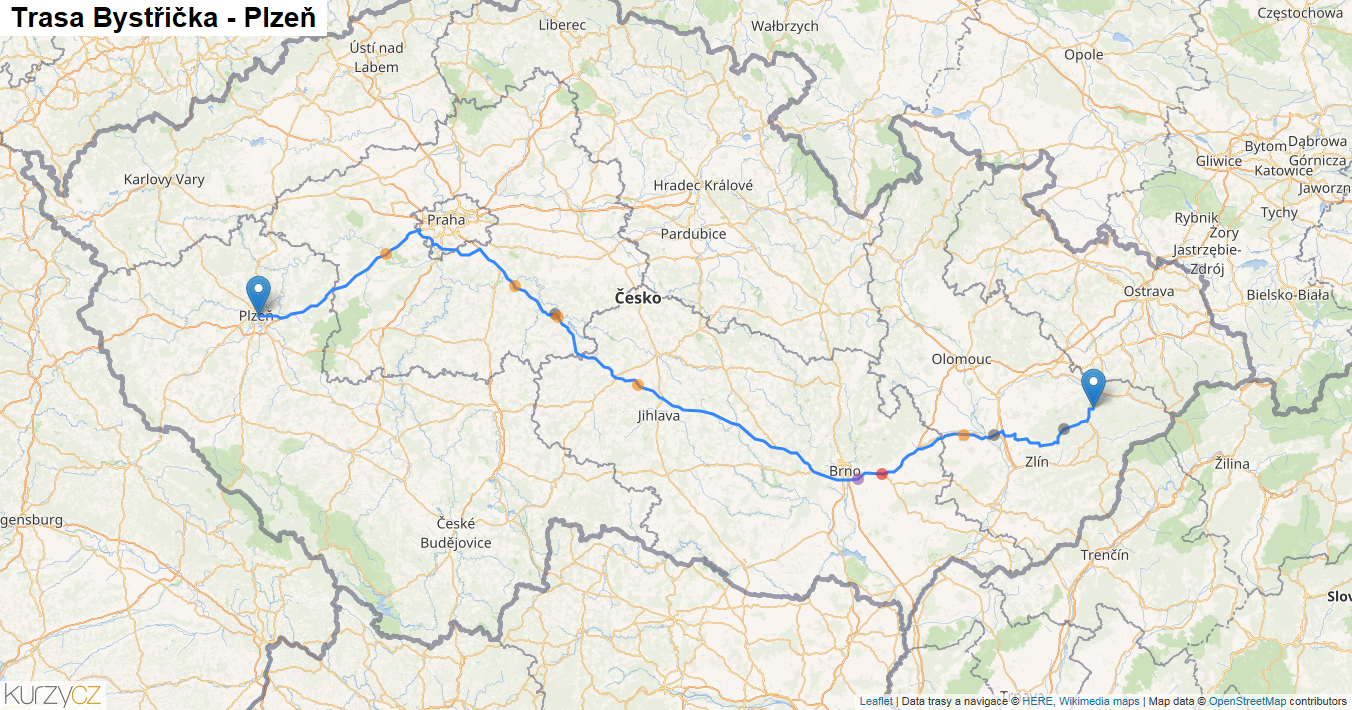 Bystřička-Plzeň, mapa trasy