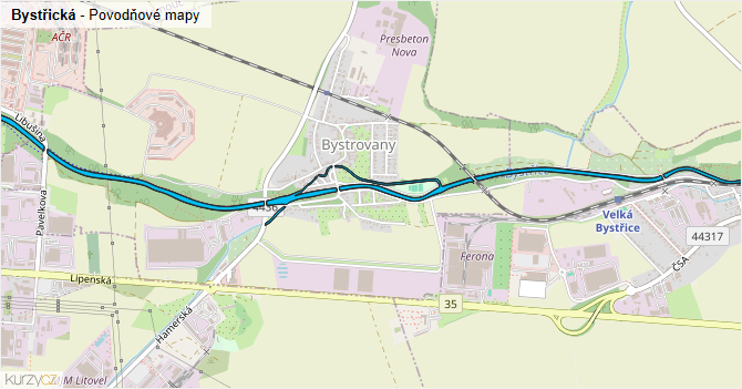 Bystřická - záplavové mapy stoleté vody