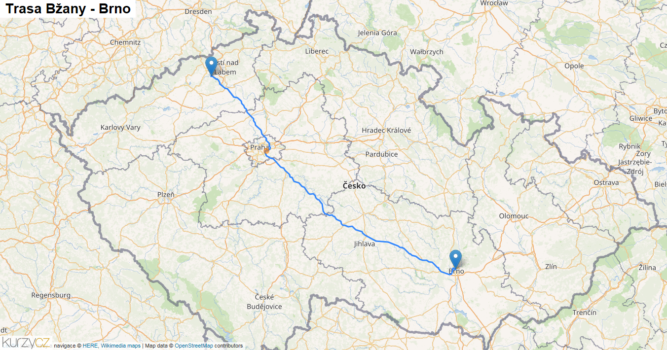 Bžany-Brno, mapa trasy
