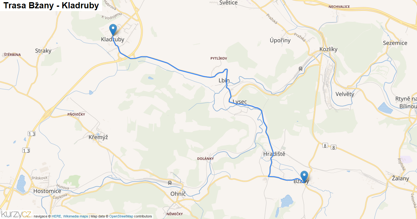 Bžany-Kladruby, mapa trasy